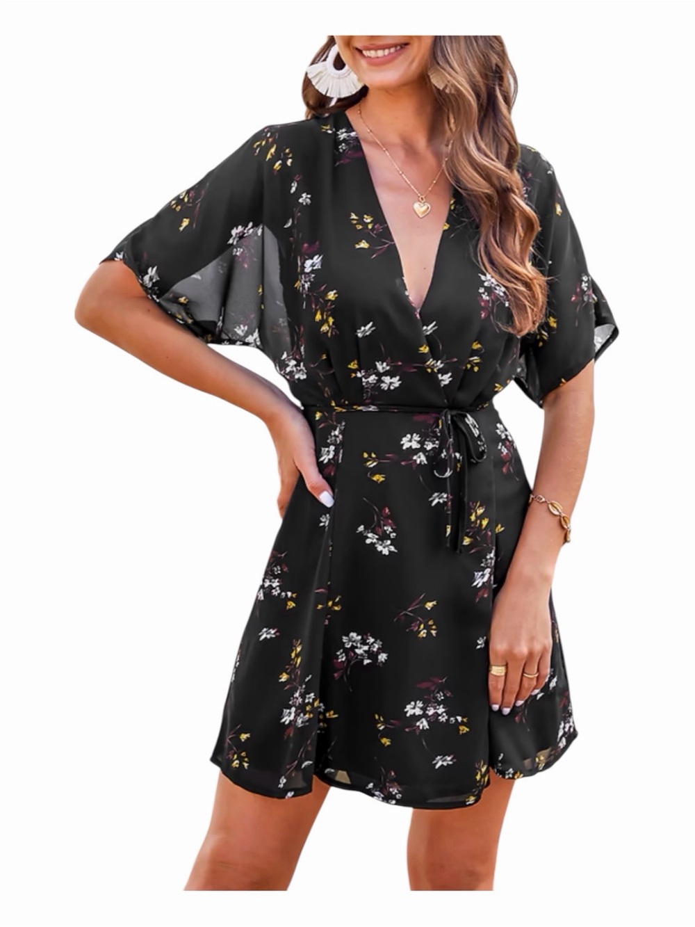 Cupshe Floral Wrap Dress Black